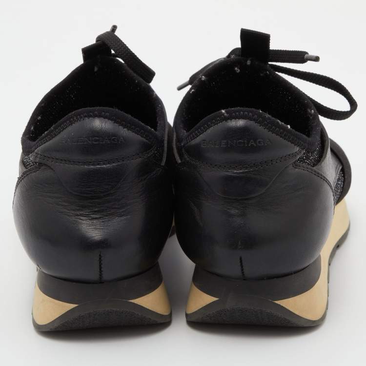 Pre Owned Balenciaga Black Leather and Glitter Fabric Race Runner Sneakers Size 38