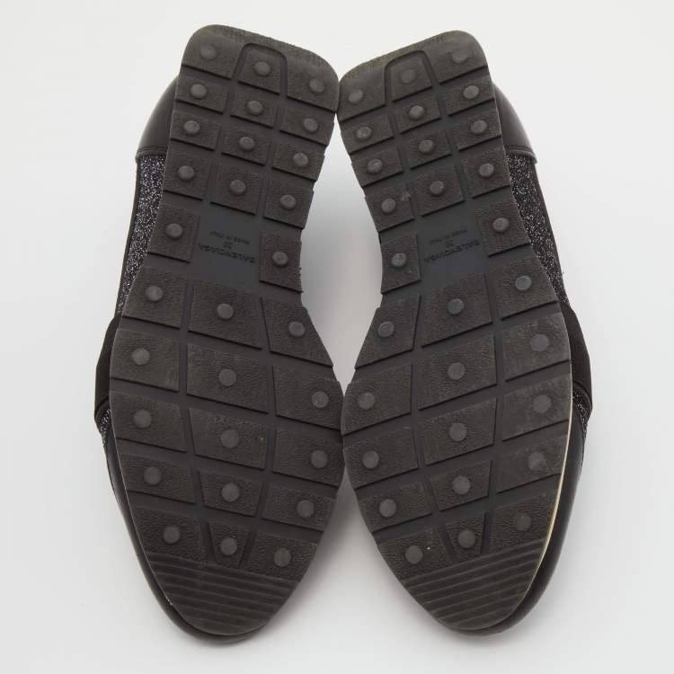 Pre Owned Balenciaga Black Leather and Glitter Fabric Race Runner Sneakers Size 38