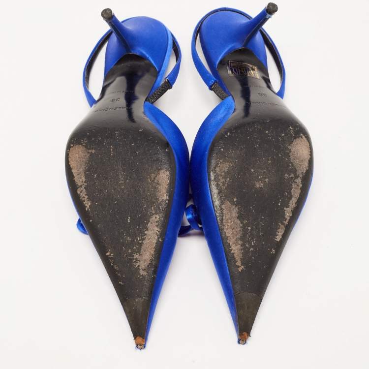 Pre Owned Balenciaga Navy Blue Satin Knife Bow Pointed Toe Slingback Pumps Size 38