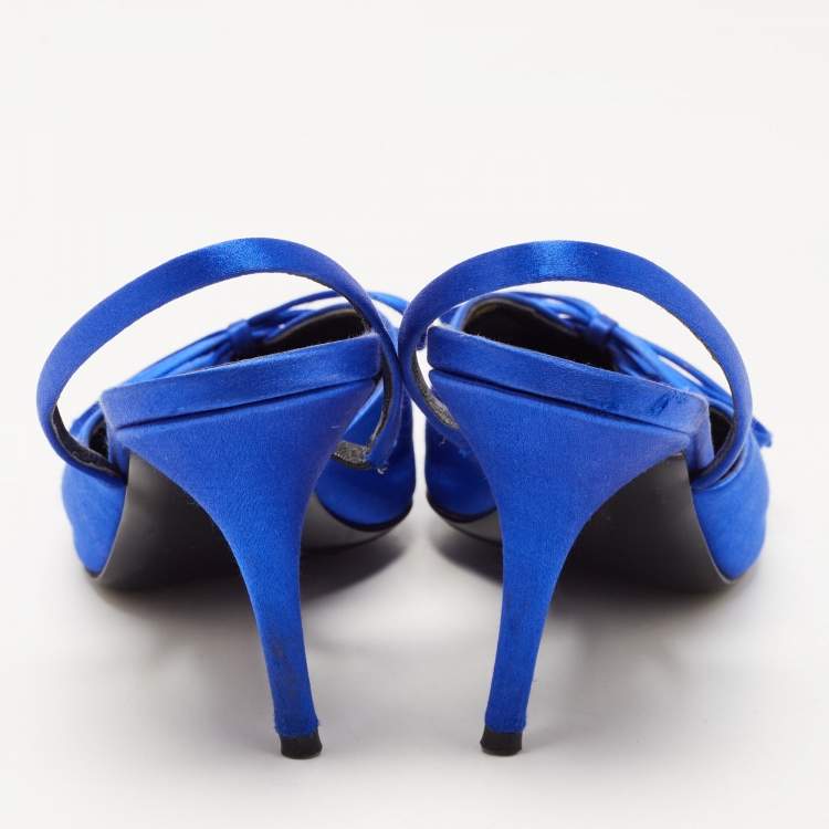 Pre Owned Balenciaga Navy Blue Satin Knife Bow Pointed Toe Slingback Pumps Size 38