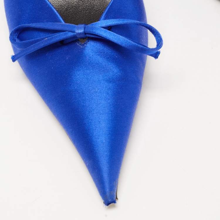 Pre Owned Balenciaga Navy Blue Satin Knife Bow Pointed Toe Slingback Pumps Size 38