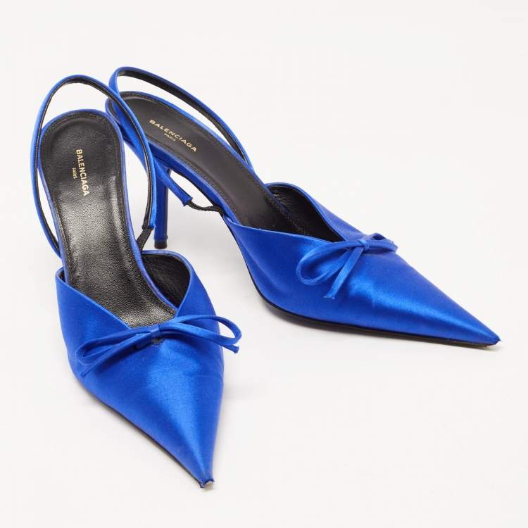 Pre Owned Balenciaga Navy Blue Satin Knife Bow Pointed Toe Slingback Pumps Size 38