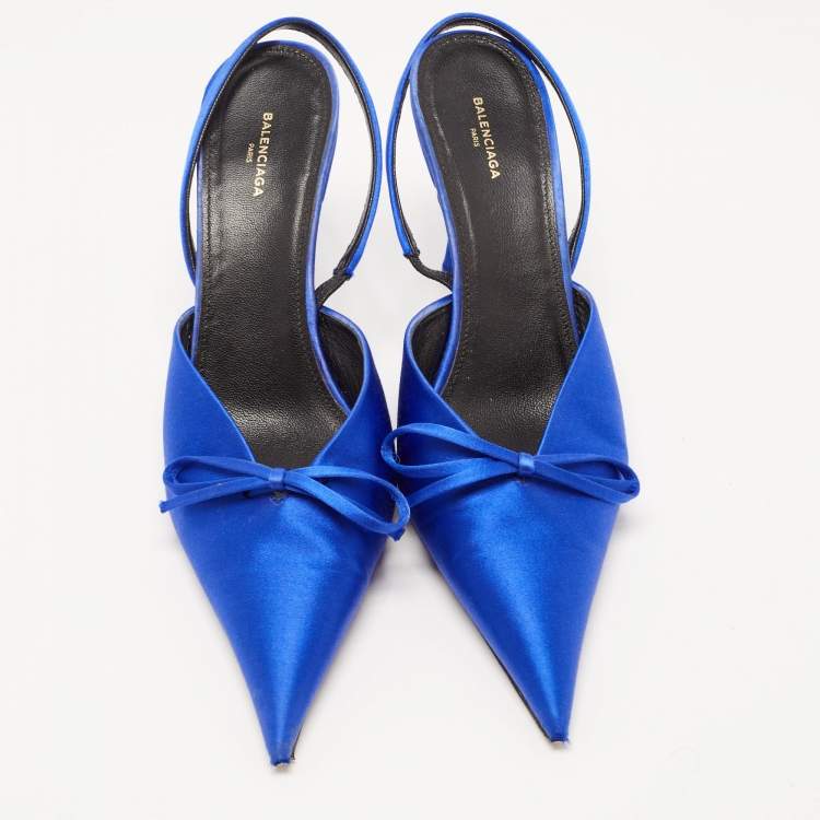 Pre Owned Balenciaga Navy Blue Satin Knife Bow Pointed Toe Slingback Pumps Size 38