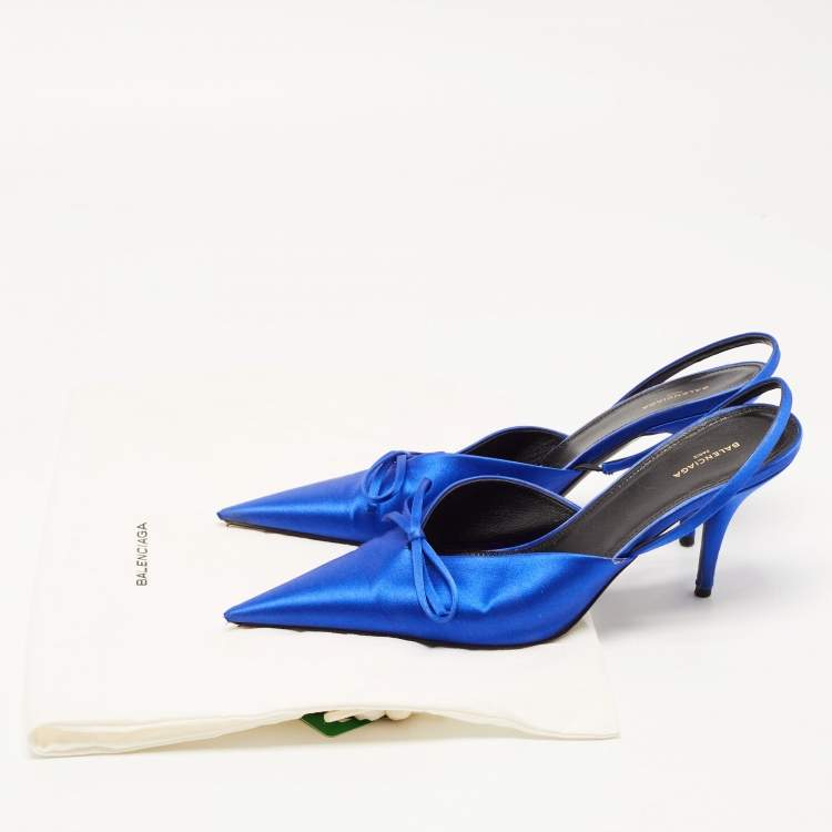 Pre Owned Balenciaga Navy Blue Satin Knife Bow Pointed Toe Slingback Pumps Size 38