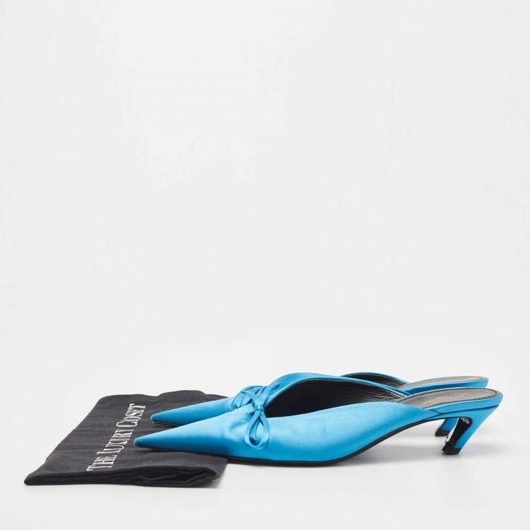 Pre Owned Balenciaga Navy Blue Satin Knife Bow Pointed Toe Mule Sandals Size 39