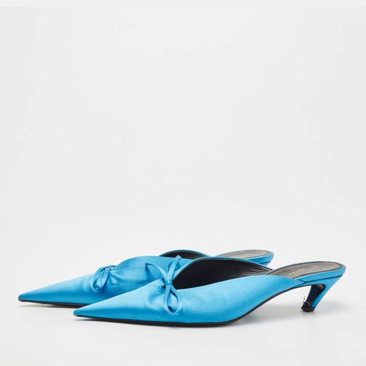 Pre Owned Balenciaga Navy Blue Satin Knife Bow Pointed Toe Mule Sandals Size 39