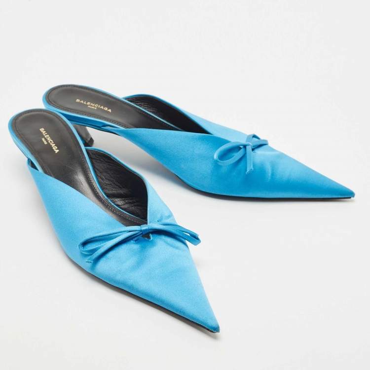 Pre Owned Balenciaga Navy Blue Satin Knife Bow Pointed Toe Mule Sandals Size 39