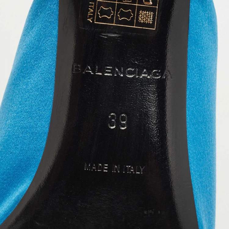 Pre Owned Balenciaga Navy Blue Satin Knife Bow Pointed Toe Mule Sandals Size 39