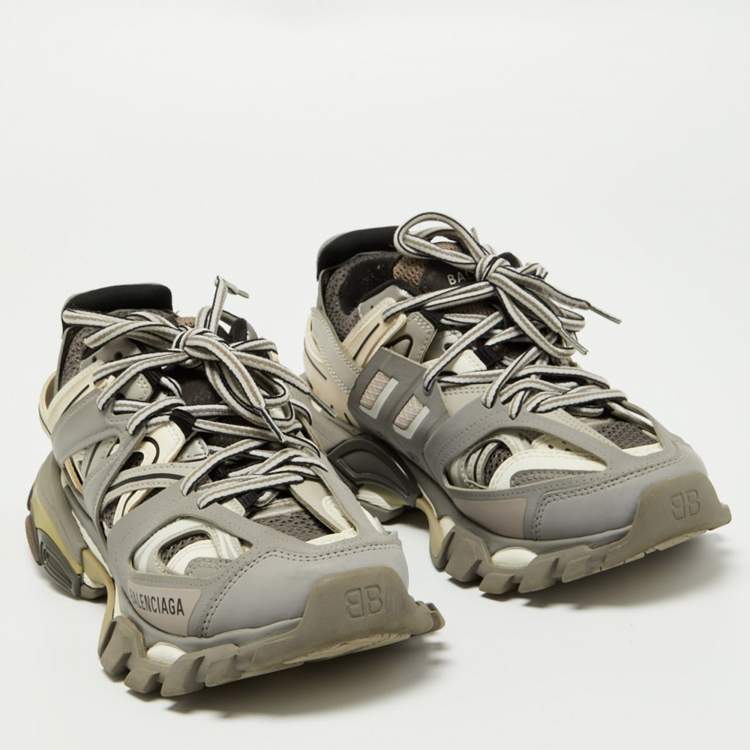Pre Owned Balenciaga Grey/White Mesh and Leather Track Sneakers Size 36