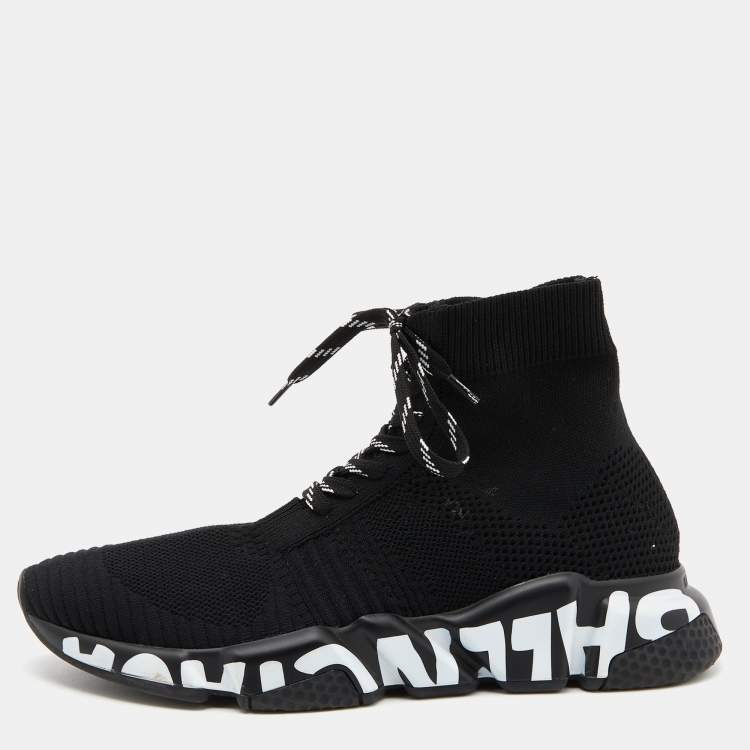 Balenciaga Black Knit Fabric Graffiti Speed Trainer Lace Sneakers Size 39  Balenciaga