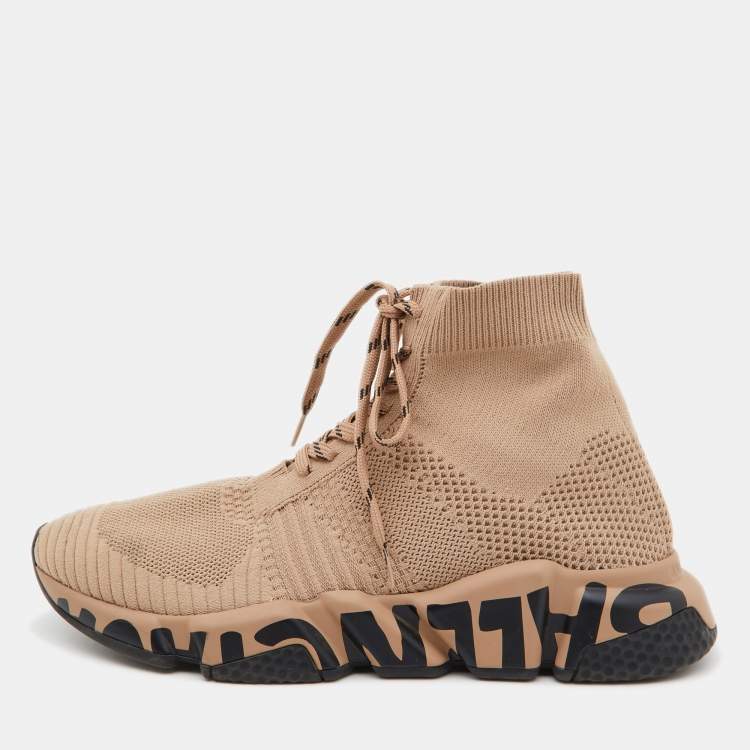Balenciaga Light Brown Knit Fabric Speed Trainer High-Top Sneakers