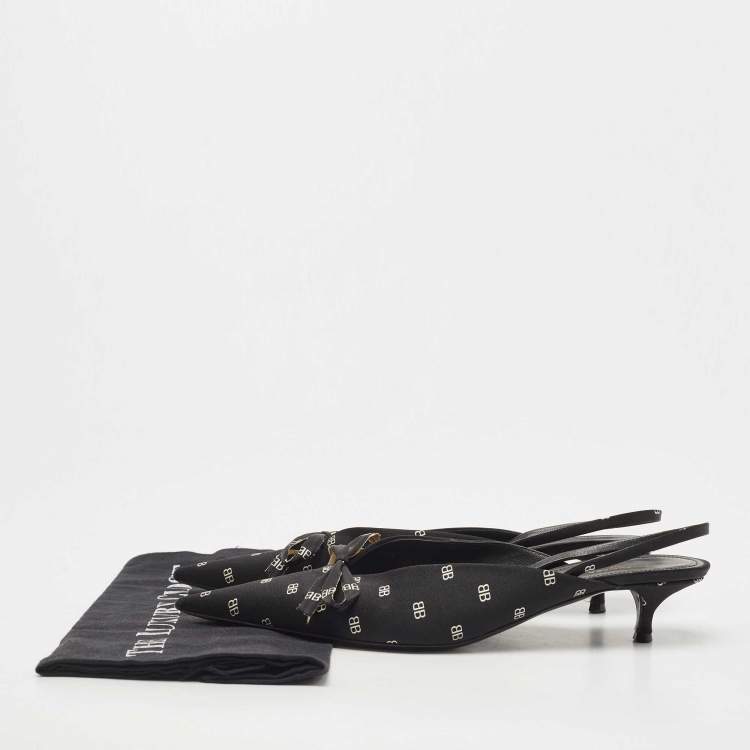 Pre Owned Balenciaga Black BB Logo Print Satin Bow Knife Slingback Pumps Size 39