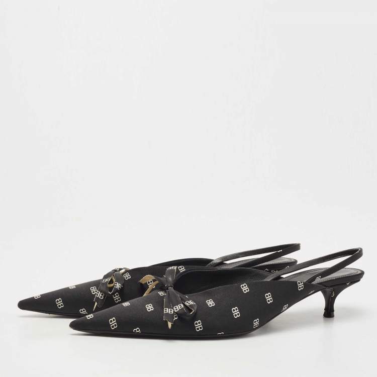 Pre Owned Balenciaga Black BB Logo Print Satin Bow Knife Slingback Pumps Size 39