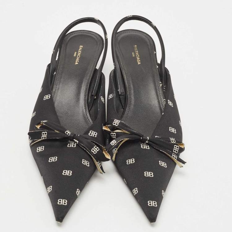 Pre Owned Balenciaga Black BB Logo Print Satin Bow Knife Slingback Pumps Size 39
