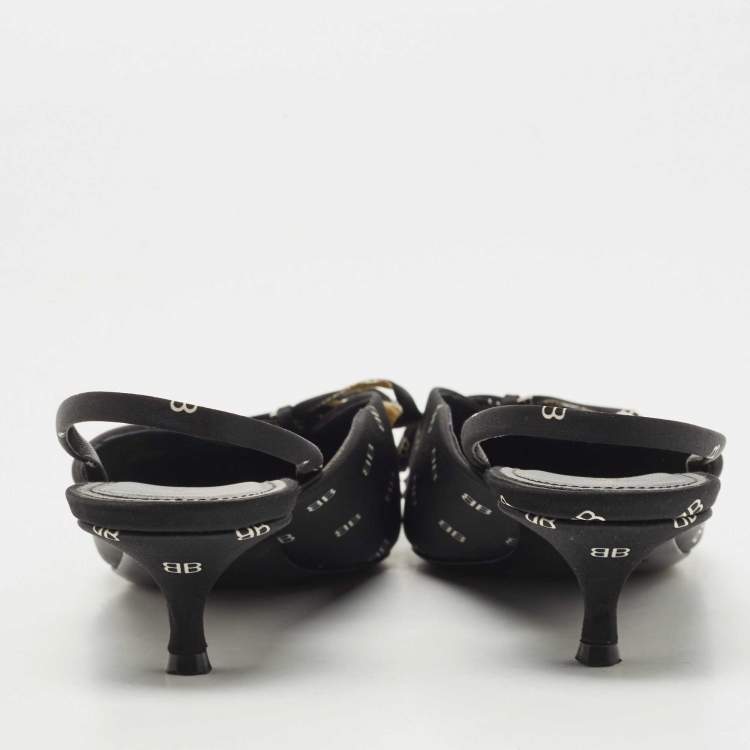 Pre Owned Balenciaga Black BB Logo Print Satin Bow Knife Slingback Pumps Size 39