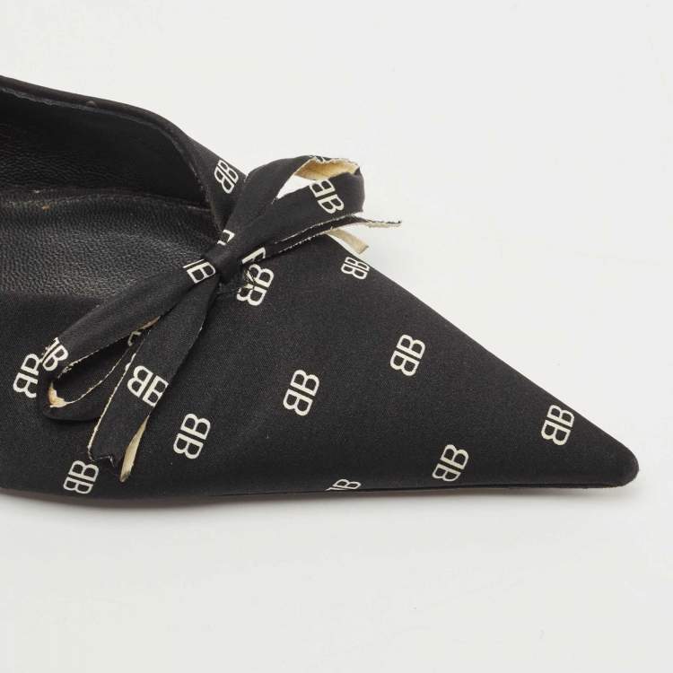 Pre Owned Balenciaga Black BB Logo Print Satin Bow Knife Slingback Pumps Size 39