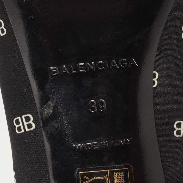 Pre Owned Balenciaga Black BB Logo Print Satin Bow Knife Slingback Pumps Size 39