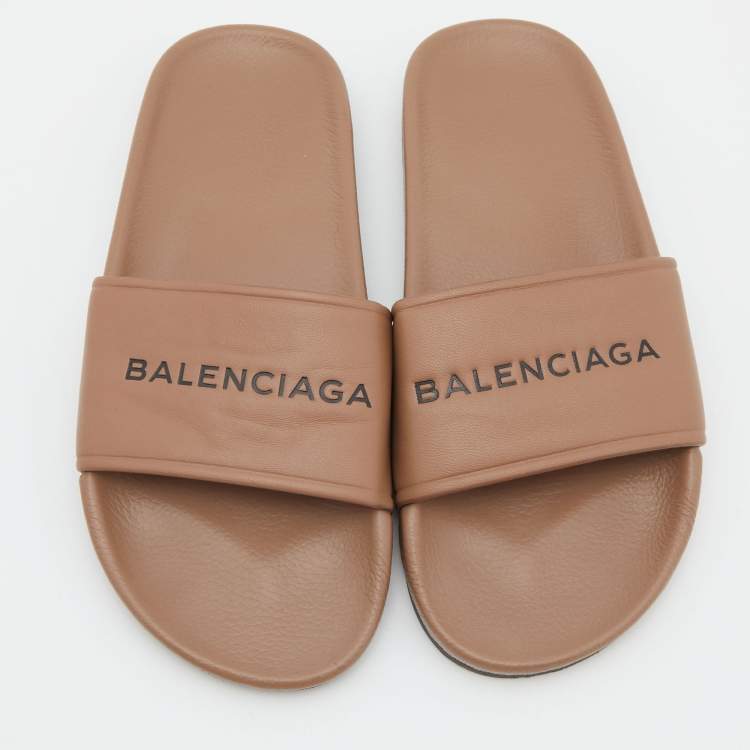 Pre Owned Balenciaga Brown Logo Print Leather Flat Slides Size 39