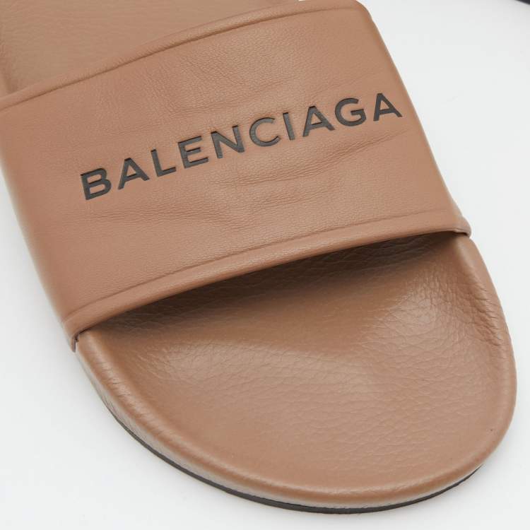Pre Owned Balenciaga Brown Logo Print Leather Flat Slides Size 39
