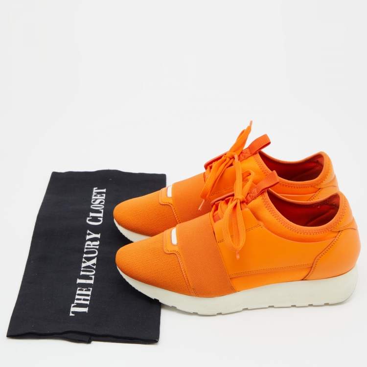 Pre Owned Balenciaga Orange Leather and Mesh Race Runner Sneakers Size 38