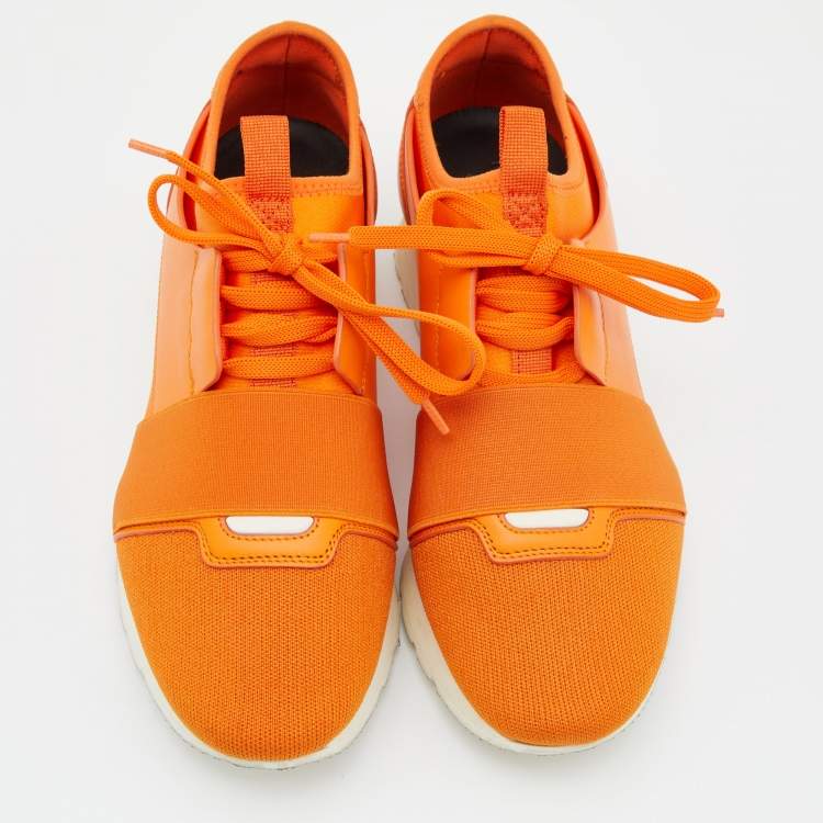 Pre Owned Balenciaga Orange Leather and Mesh Race Runner Sneakers Size 38