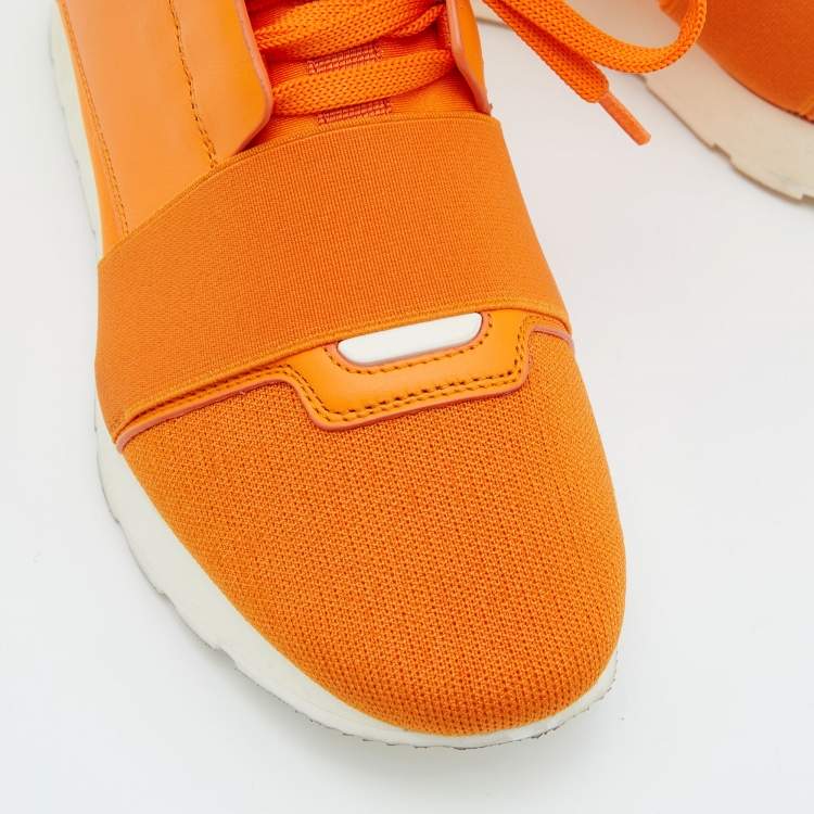 Pre Owned Balenciaga Orange Leather and Mesh Race Runner Sneakers Size 38