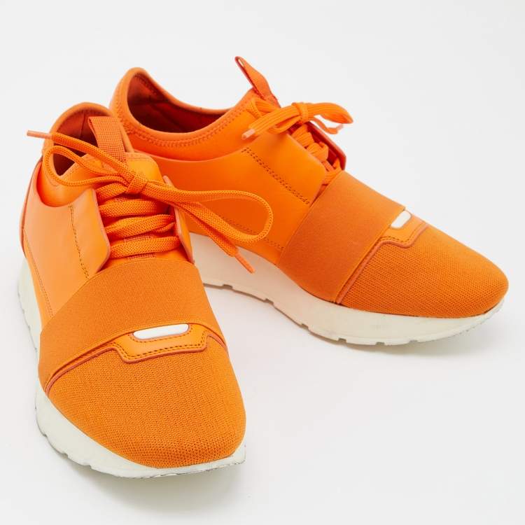 Pre Owned Balenciaga Orange Leather and Mesh Race Runner Sneakers Size 38