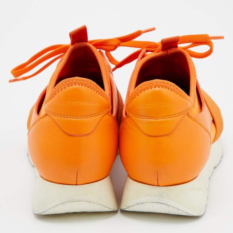 Pre Owned Balenciaga Orange Leather and Mesh Race Runner Sneakers Size 38
