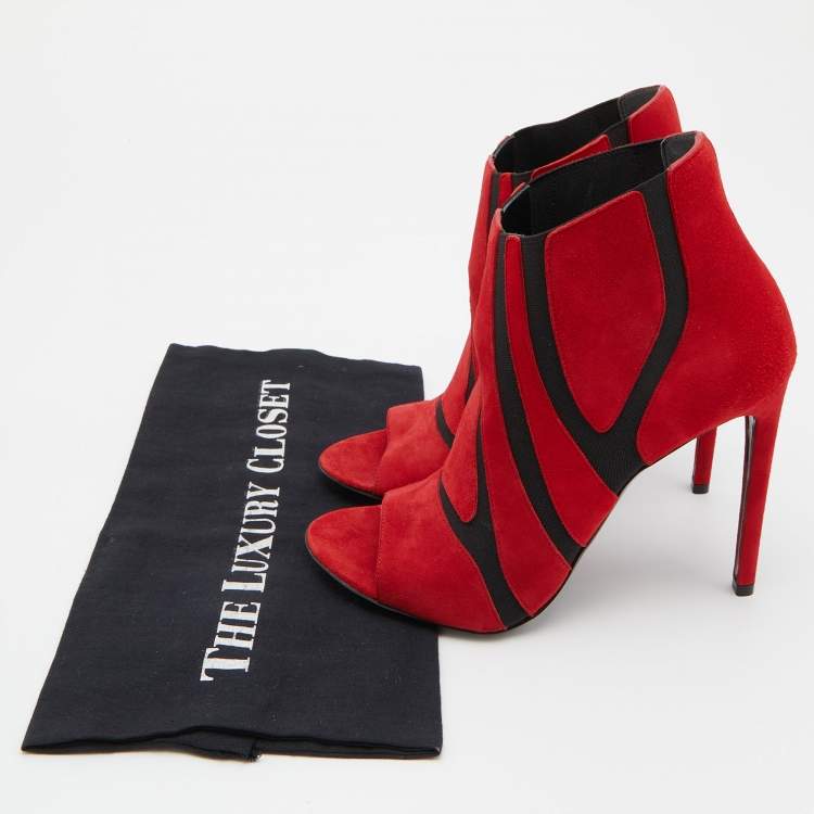 Pre Owned Balenciaga Red/Black Suede and Stretch Fabric Open Toe Booties Size 39
