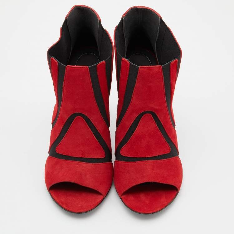 Pre Owned Balenciaga Red/Black Suede and Stretch Fabric Open Toe Booties Size 39