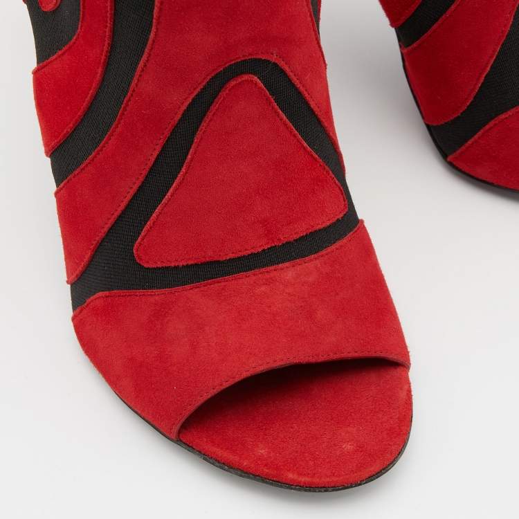 Pre Owned Balenciaga Red/Black Suede and Stretch Fabric Open Toe Booties Size 39