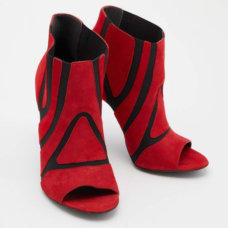 Pre Owned Balenciaga Red/Black Suede and Stretch Fabric Open Toe Booties Size 39