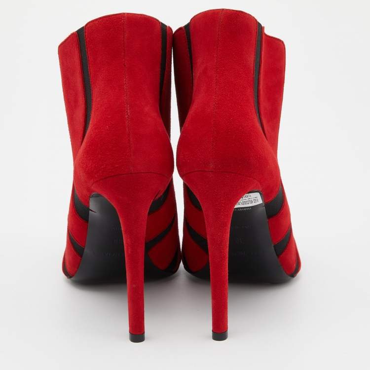 Pre Owned Balenciaga Red/Black Suede and Stretch Fabric Open Toe Booties Size 39
