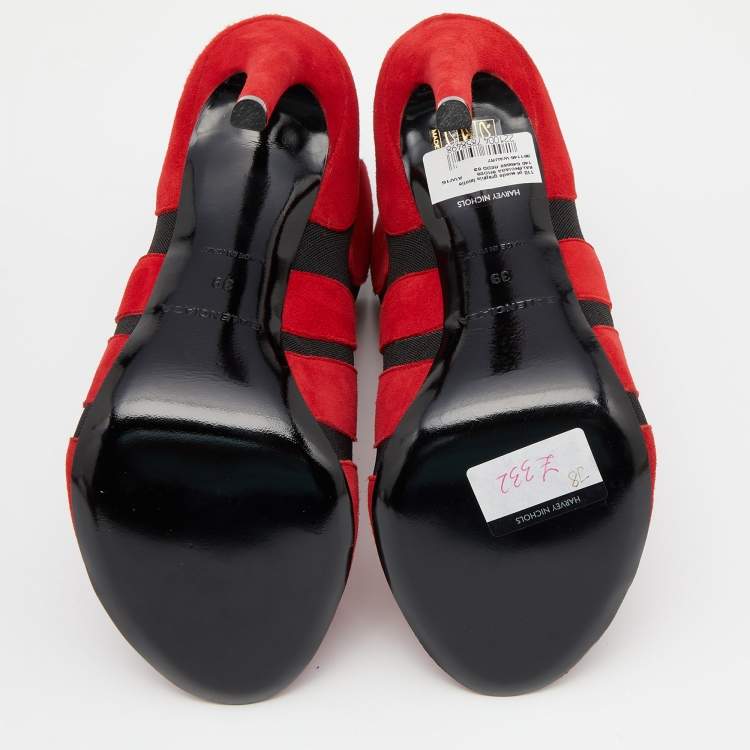 Pre Owned Balenciaga Red/Black Suede and Stretch Fabric Open Toe Booties Size 39