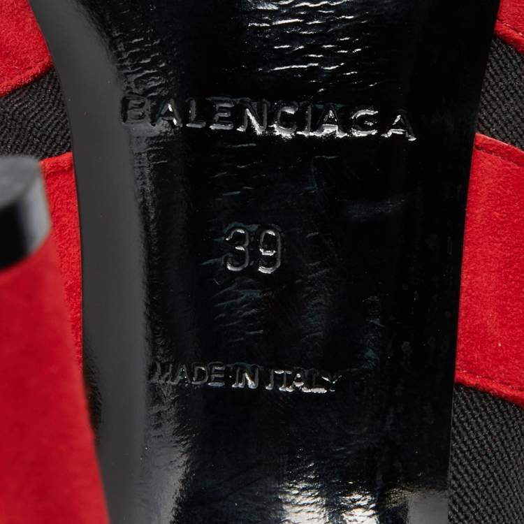 Pre Owned Balenciaga Red/Black Suede and Stretch Fabric Open Toe Booties Size 39
