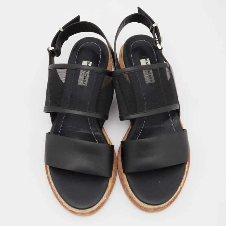 Pre Owned Balenciaga Black Leather and Mesh Espadrille Ankle Flat Sandals Size 39
