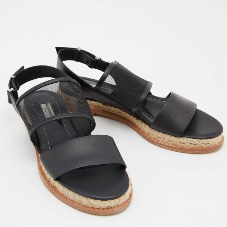 Pre Owned Balenciaga Black Leather and Mesh Espadrille Ankle Flat Sandals Size 39