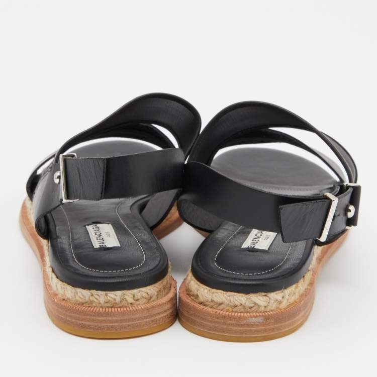 Pre Owned Balenciaga Black Leather and Mesh Espadrille Ankle Flat Sandals Size 39
