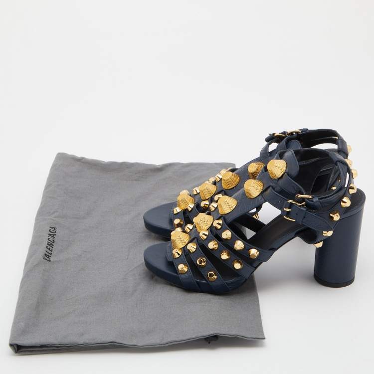 Pre Owned Balenciaga Blue Leather Arena Studded Gladiator Block Heel Sandals Size 38