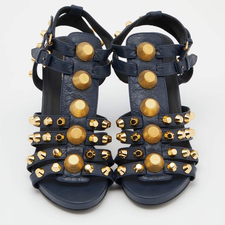 Pre Owned Balenciaga Blue Leather Arena Studded Gladiator Block Heel Sandals Size 38