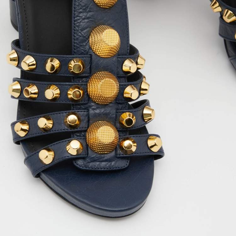 Pre Owned Balenciaga Blue Leather Arena Studded Gladiator Block Heel Sandals Size 38