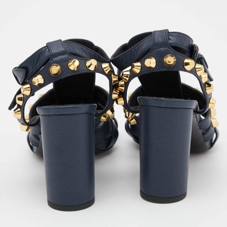 Pre Owned Balenciaga Blue Leather Arena Studded Gladiator Block Heel Sandals Size 38