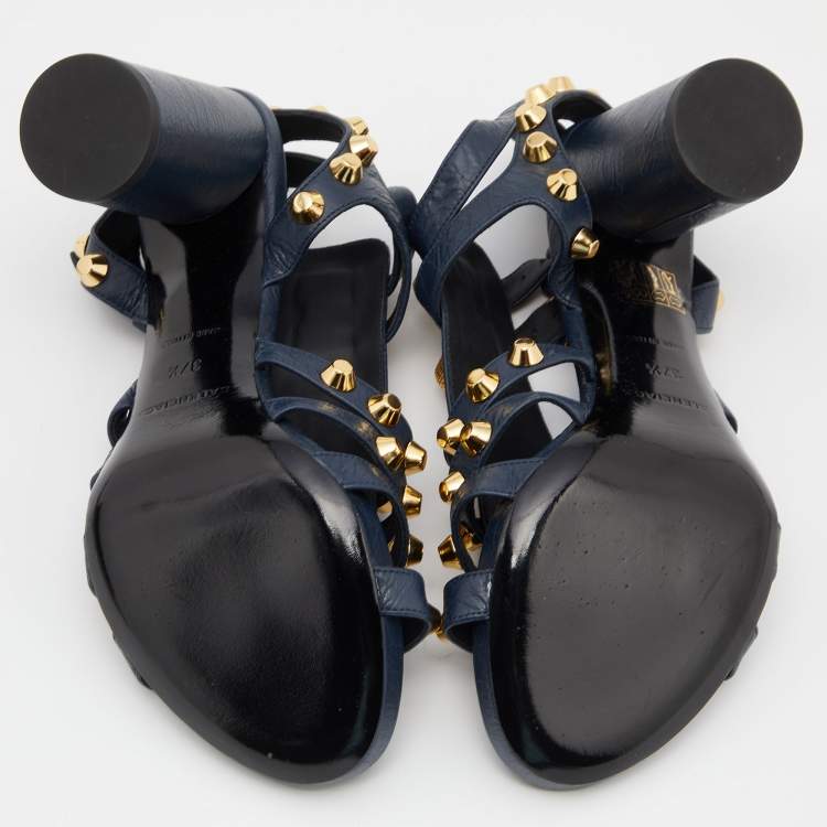 Pre Owned Balenciaga Blue Leather Arena Studded Gladiator Block Heel Sandals Size 38
