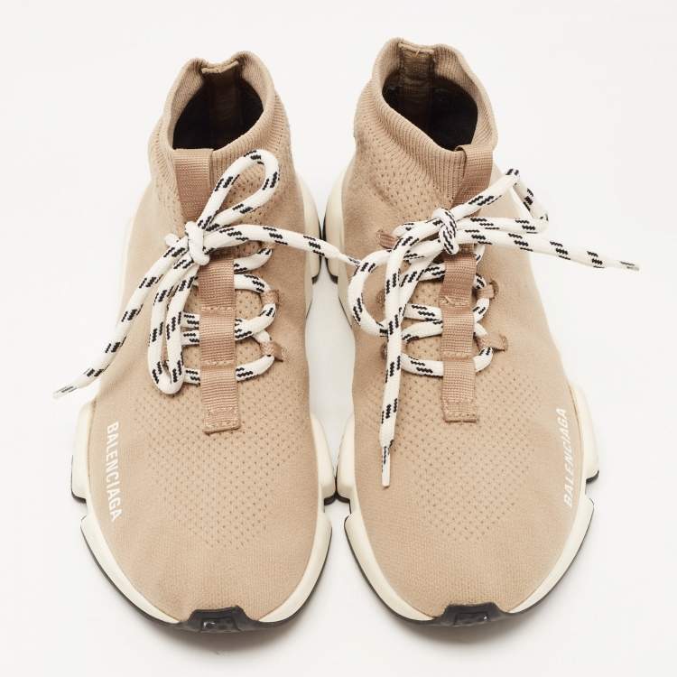 Pre Owned Balenciaga Beige Knit Fabric Speed Trainer Lace Up Sneakers Size 39