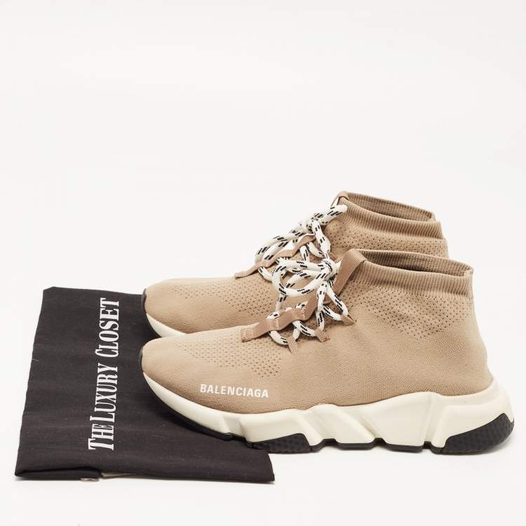 Pre Owned Balenciaga Beige Knit Fabric Speed Trainer Lace Up Sneakers Size 39