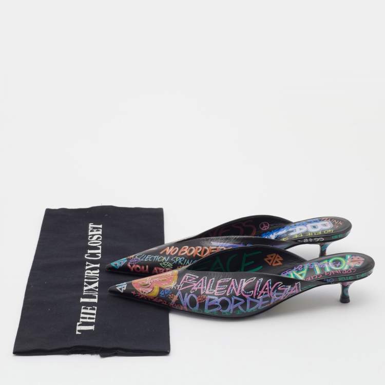 Pre Owned Balenciaga Multicolor Graffiti Leather Knife Mules Size 37