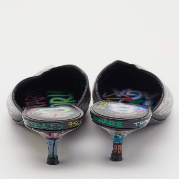 Pre Owned Balenciaga Multicolor Graffiti Leather Knife Mules Size 37