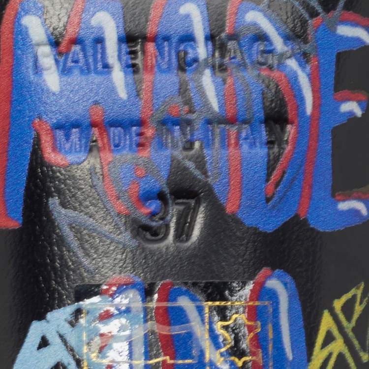 Pre Owned Balenciaga Multicolor Graffiti Leather Knife Mules Size 37