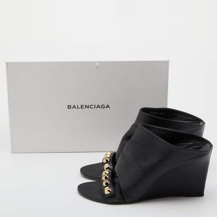 Pre Owned Balenciaga Black Leather Studded Wedge Mules Size 40