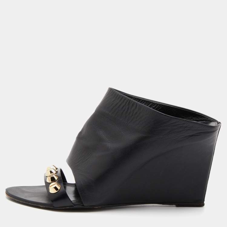 Pre Owned Balenciaga Black Leather Studded Wedge Mules Size 40
